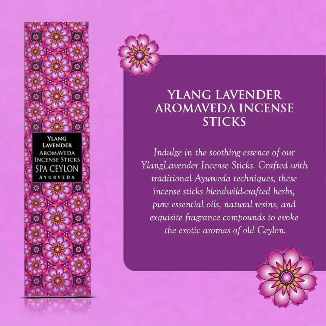 Vibrant Ylang Lavender Aromaveda Incense Sticks packaging with floral design.