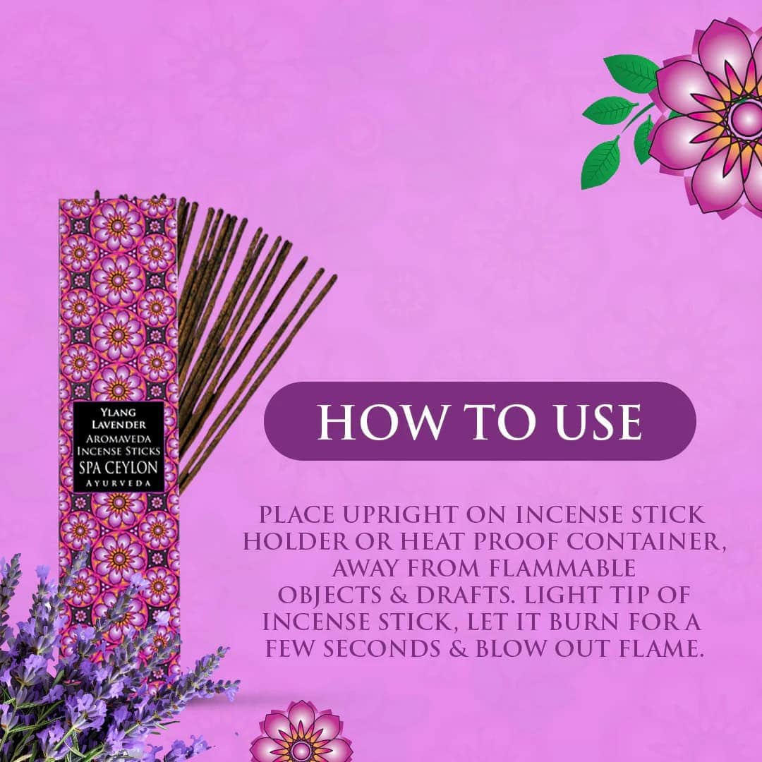 Ylang Lavender Aromavedra incense sticks packaging with floral background.