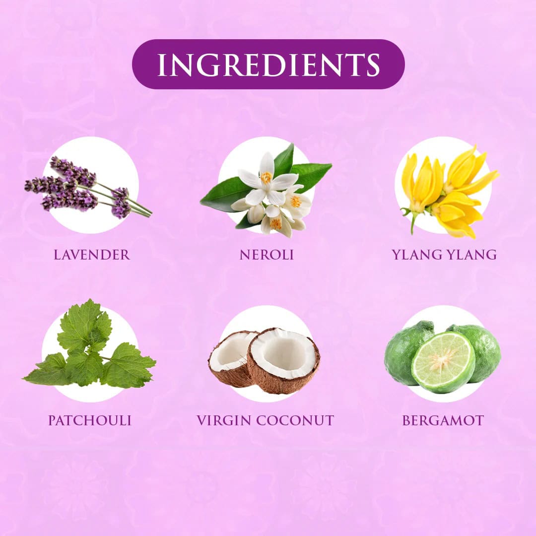 Lavender, Neroli, Ylang Ylang, Patchouli, Virgin Coconut, Bergamot ingredients for Spa Ceylon products.