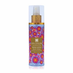 Vibrant floral Spa Ceylon Aromaveda Royal Lotus Body Spray with essential oils.