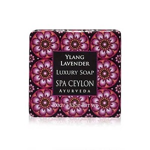 Ylang Lavender luxury soap Spa Ceylon Ayurveda packaging with purple floral design.