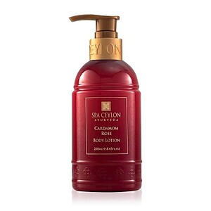 Spa Ceylon Cardamom Rose Body Lotion bottle with pump dispenser for luxurious skincare.