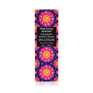 Vibrant Pink Lotus Almond Spa Ceylon hand cream packaging with Ayurvedic ingredients.