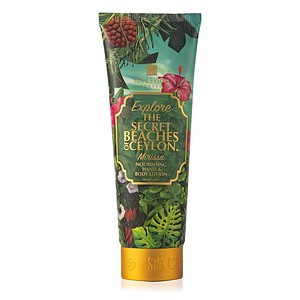 Lotion tube with tropical floral and leaf design for Spa Ceylon.