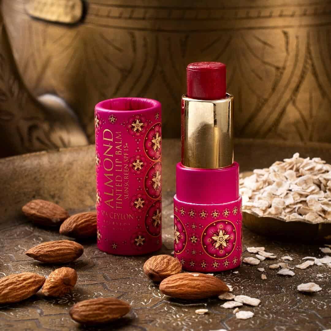 Luxurious Spa Ceylon Lip Balm in decorative pink tube with floral design.