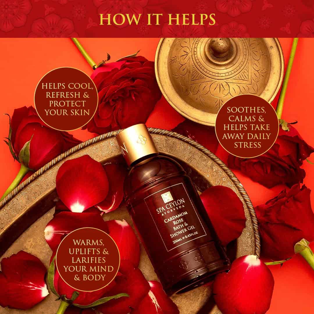 Luxury spa products, spa Ceylon cardamom rose bath and shower gel on decorative tray with rose petals.