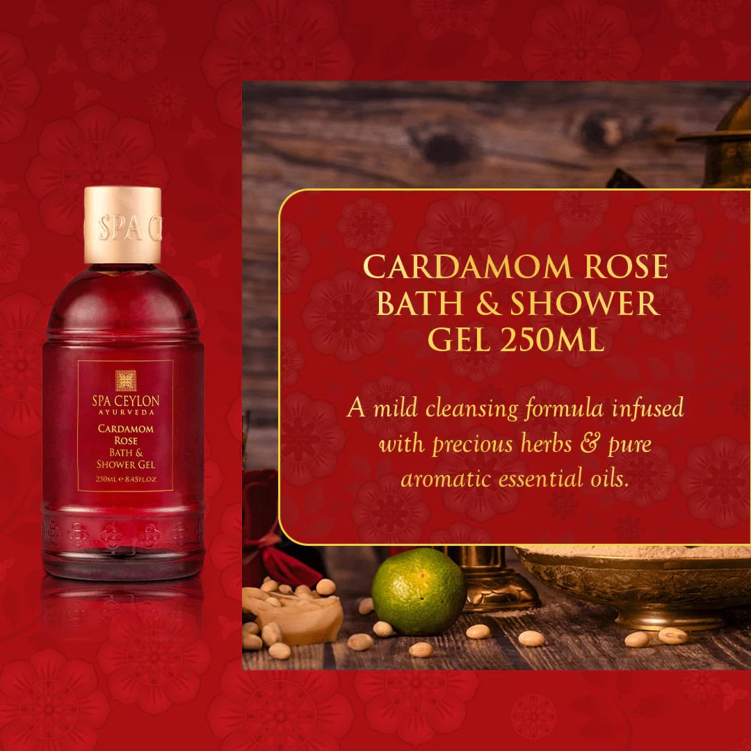 Luxurious Spa Ceylon Cardamom Rose Bath & Shower Gel 250ml, herbal aromatic essential oils.