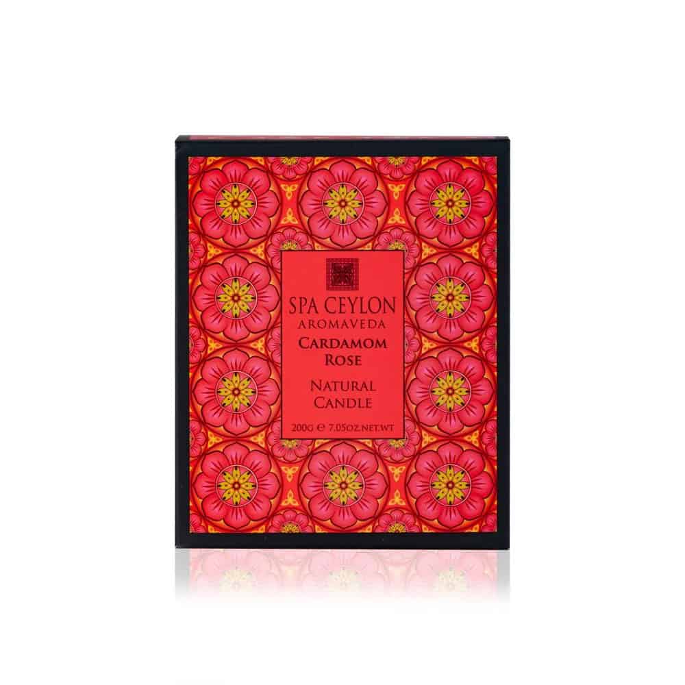 Vibrant Spa Ceylon Aromaveda Cardamom Rose natural candle packaging with floral design.