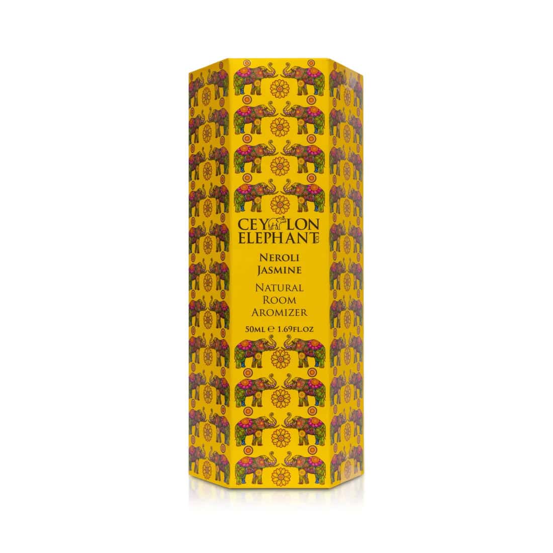 Vibrant yellow room aromizer spray with colorful elephant and floral patterns, inspired by Sri Lankan design.
