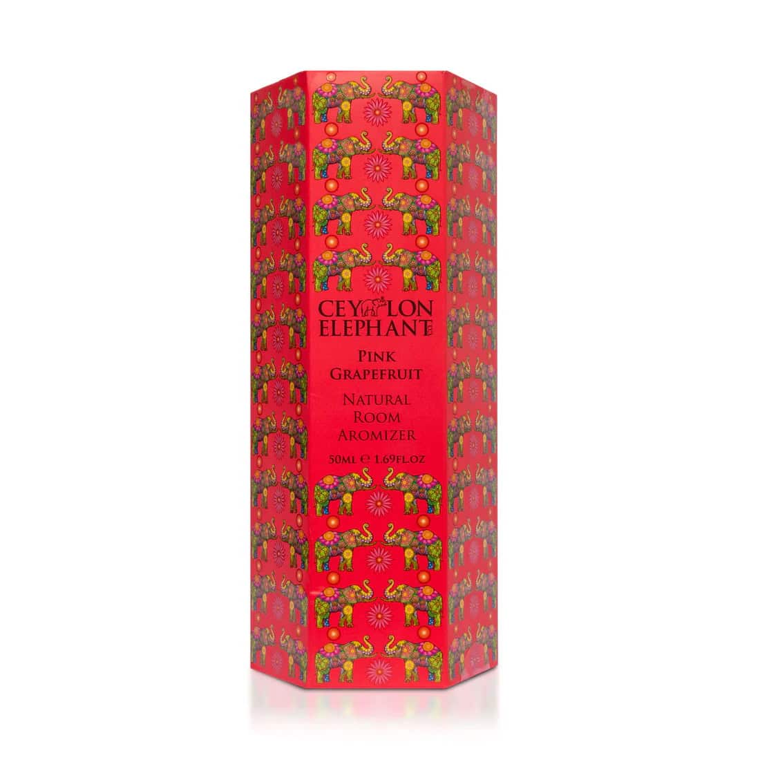 Vibrant pink Ceylon Elephant natural room aromizer packaging with colorful elephant and floral patterns.