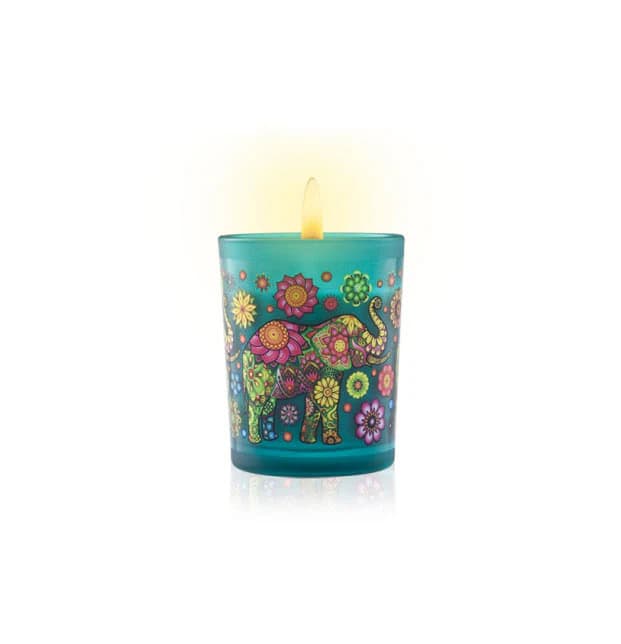 Colorful Spa Ceylon scented candle with floral and elephant design.