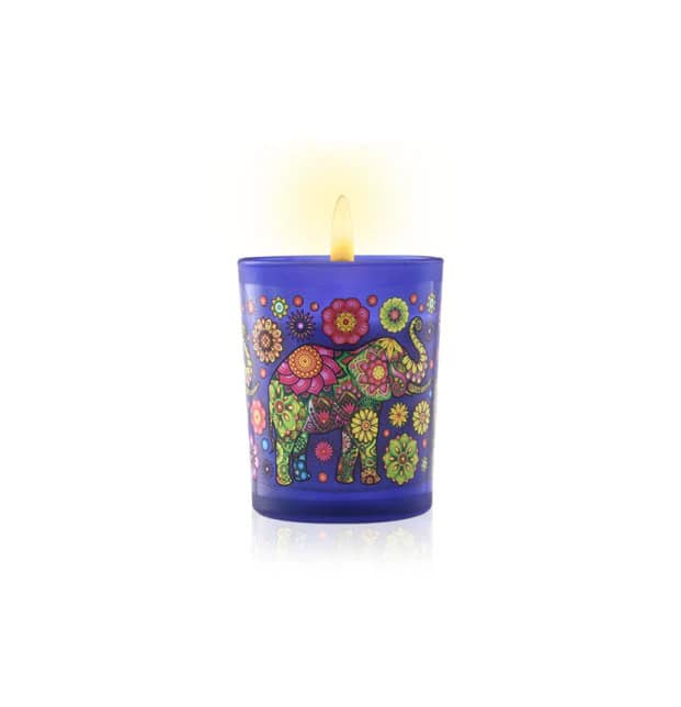 Colorful decorated tealight candle with floral and elephant design, ideal for home decor and relaxation.