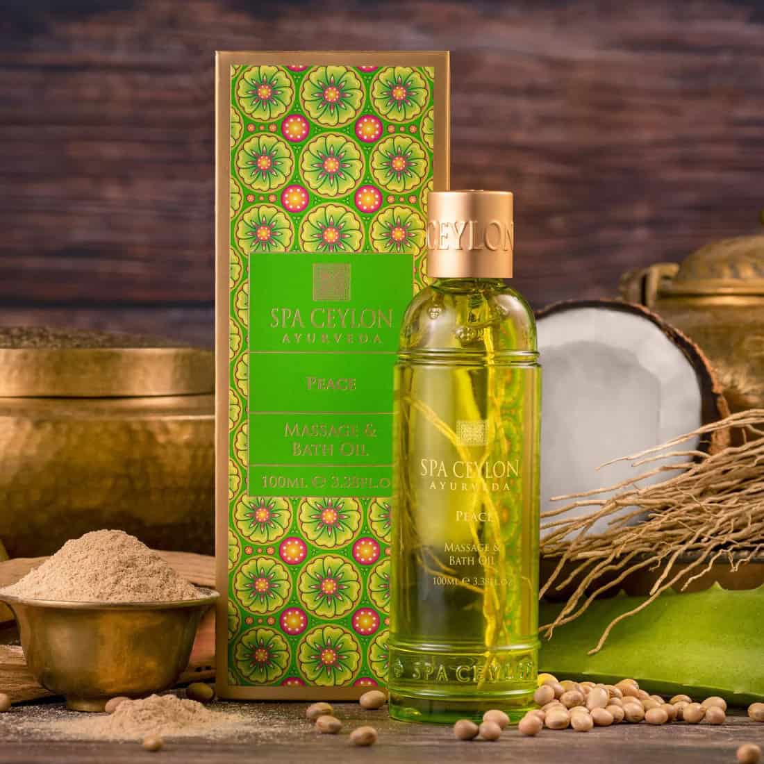 Richly scented massage and bath oil from Spa Ceylon Ayurveda, ideal for relaxation.