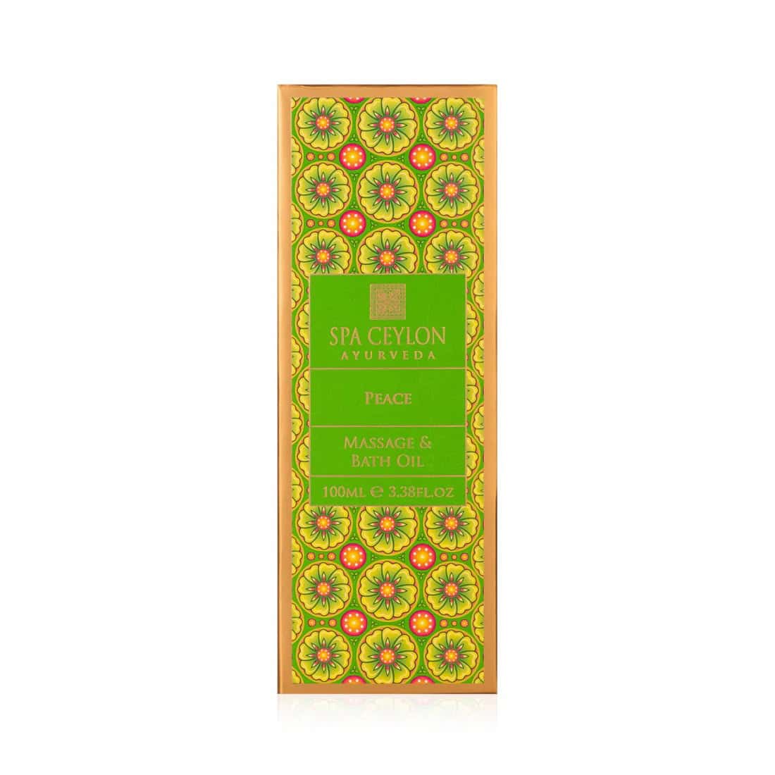 Vibrant Spa Ceylon Ayurveda Peace Massage & Bath Oil packaging with floral design.