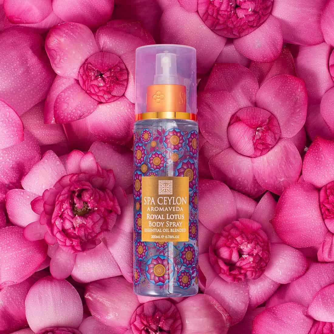 Luxurious Spa Ceylon Royal Lotus Body Spray with floral design on the bottle.