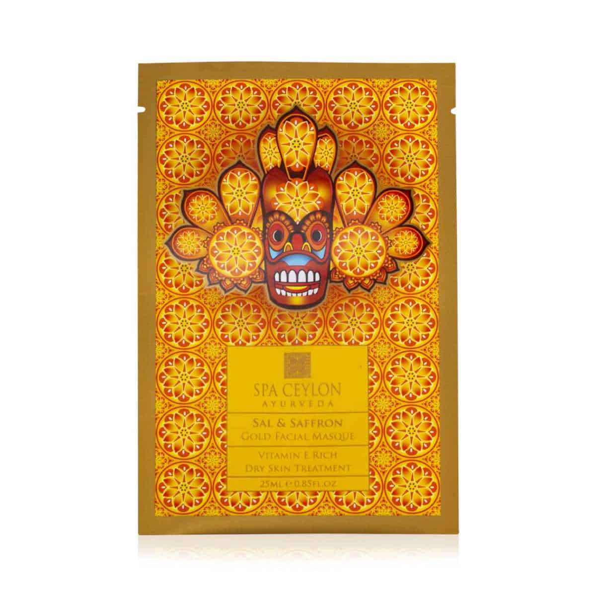 Vibrant Spa Ceylon Ayurveda facial mask packaging with gold and saffron design.