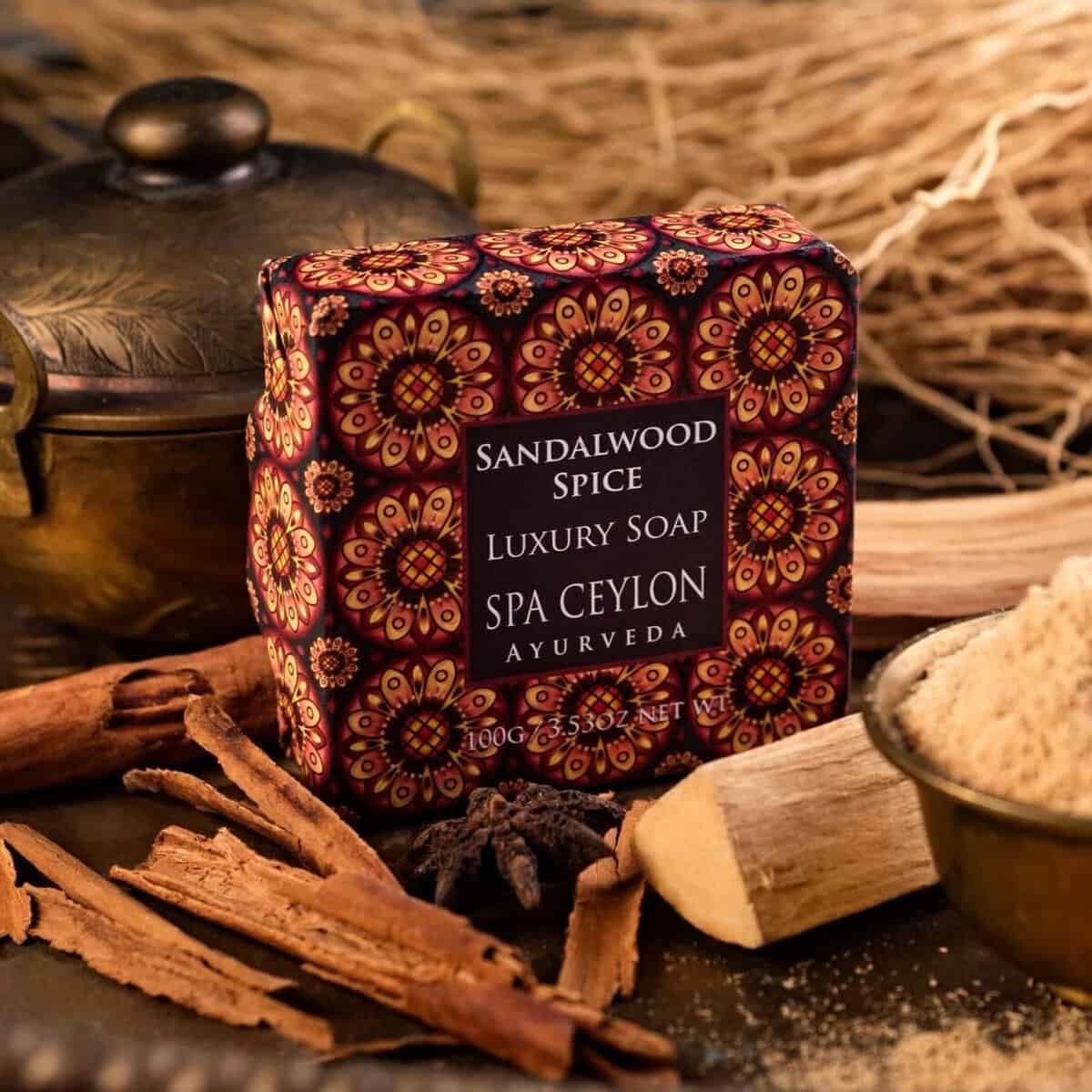 Sandalwood spice luxury soap Spa Ceylon Ayurveda decorative packaging and natural ingredients.