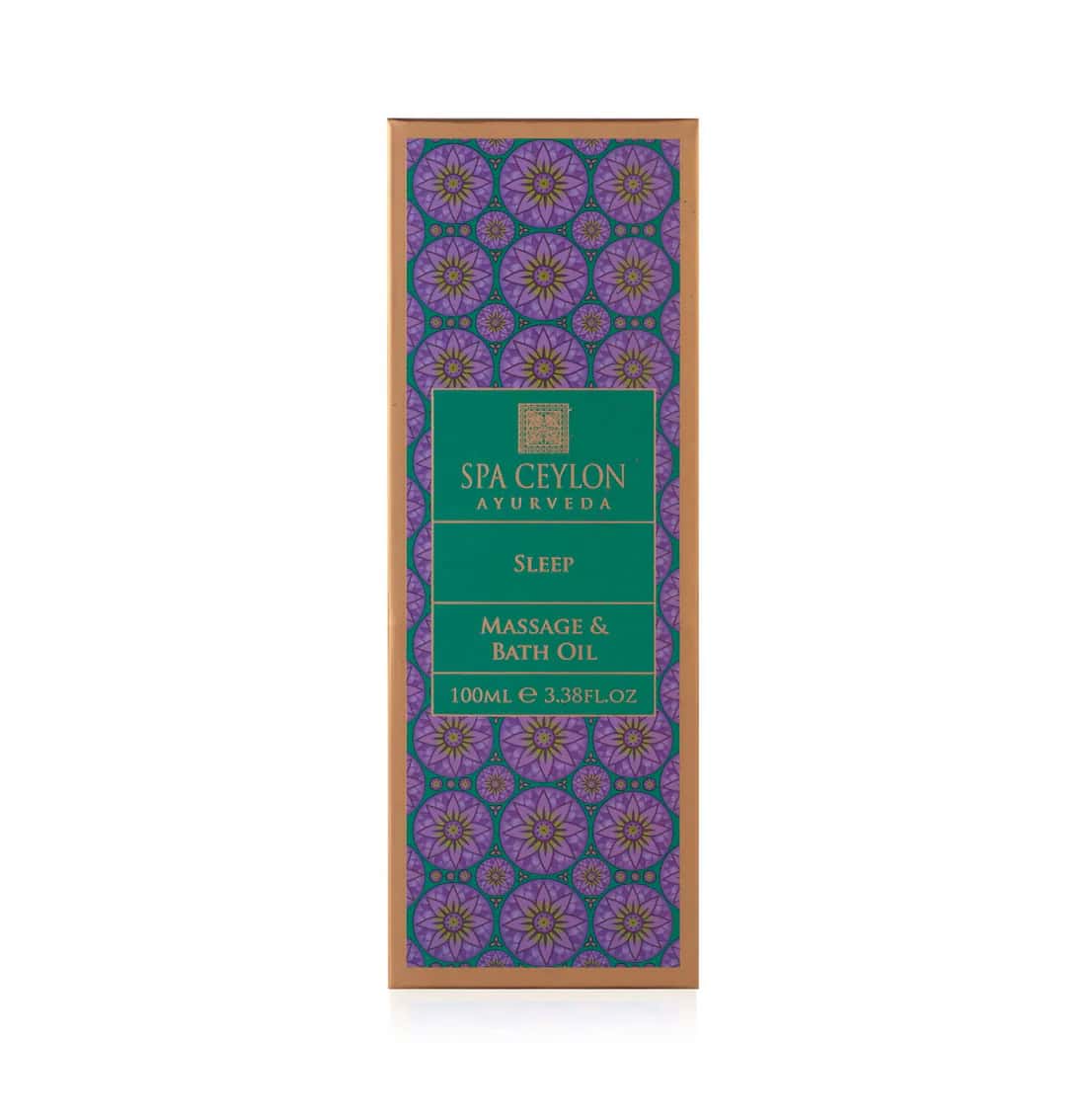 Vibrant Spa Ceylon Ayurveda Sleep Massage & Bath Oil packaging with intricate purple and green design.