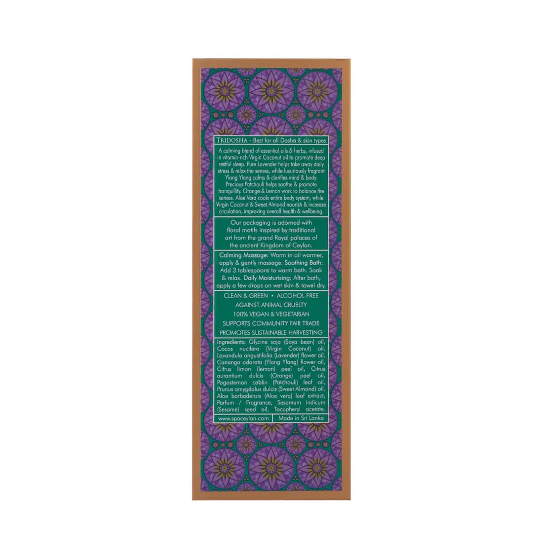 Relaxing spa product packaging with traditional Sri Lankan floral motifs, vegan and cruelty-free ingredients, and herbal benefits for skin care and wellbeing.
