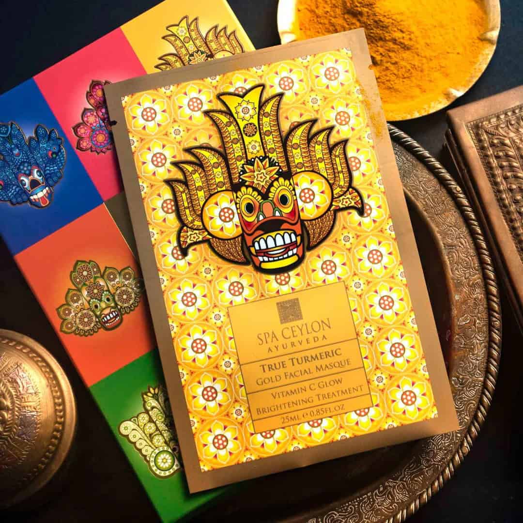 Vibrant Spa Ceylon Ayurveda facial mask packaging with colorful traditional designs.