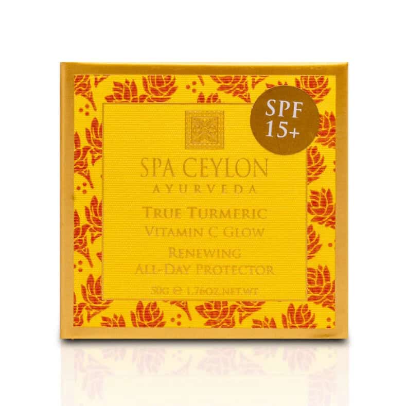 Spa Ceylon Ayurveda turmeric skincare with SPF 15+ for radiant, protected skin.