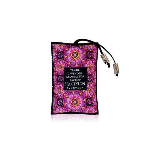 Lavender Ayurvedic aromatherapy sachet with vibrant floral design from Spa Ceylon.