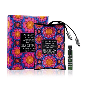 Vibrant Spa Ceylon Ayurveda aromatic sachet with floral design and essential oil.