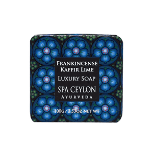 Vibrant soap packaging featuring floral design and Spa Ceylon branding, emphasizing luxury and Ayurvedic ingredients.