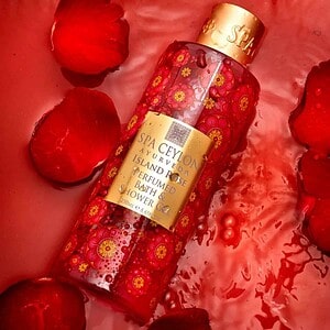 Vibrant Spa Ceylon Island Rose bath and shower gel with floral design and gold accents.