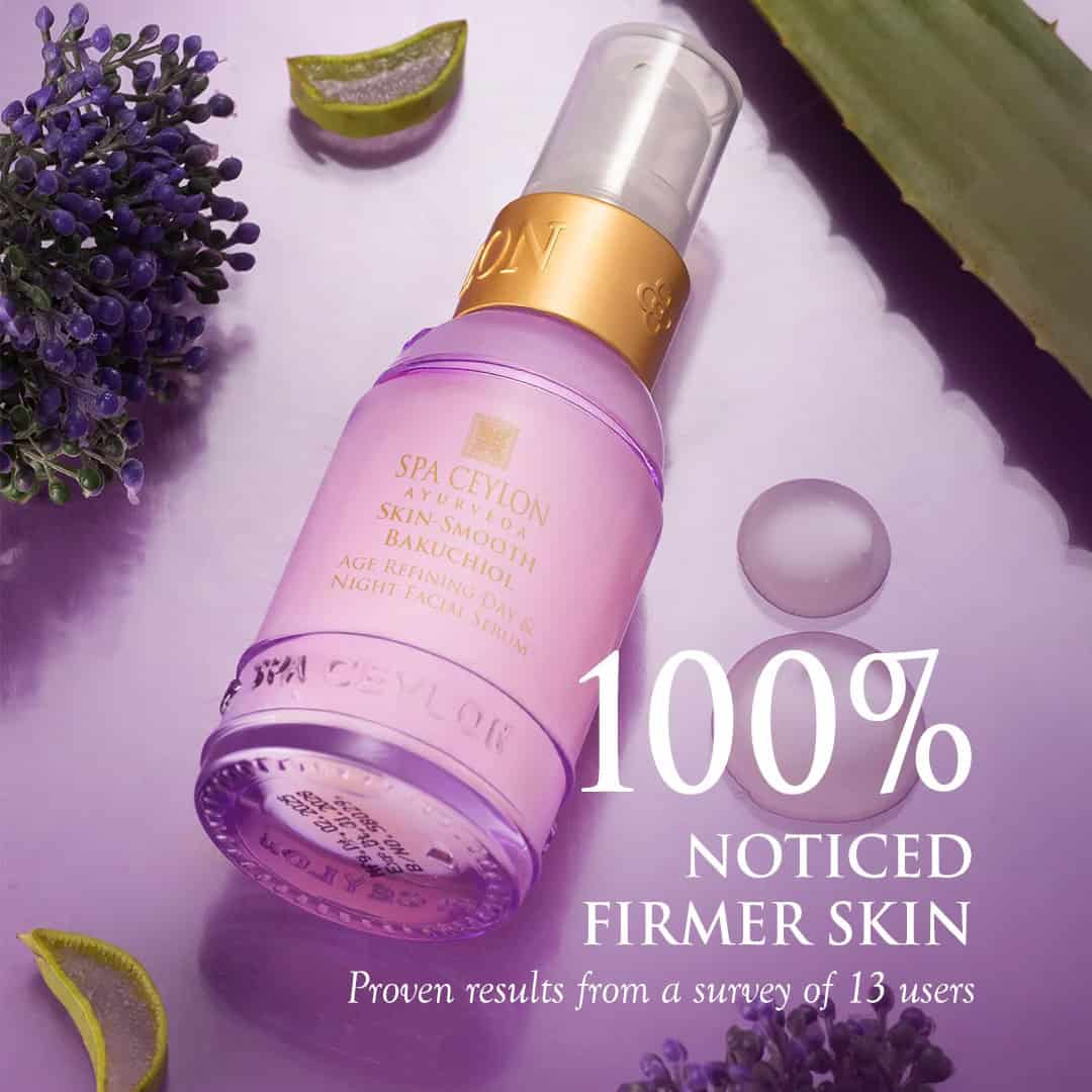 Purple Spa Ceylon skincare bottle, aloe vera and lavender, anti-aging night face serum, luxury beauty product.