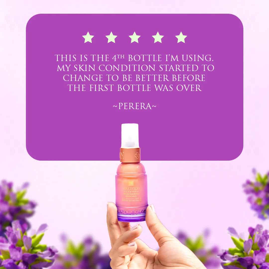 Vibrant skincare product bottle with purple background and floral accents, promoting Spa Ceylon luxury beauty treatments.