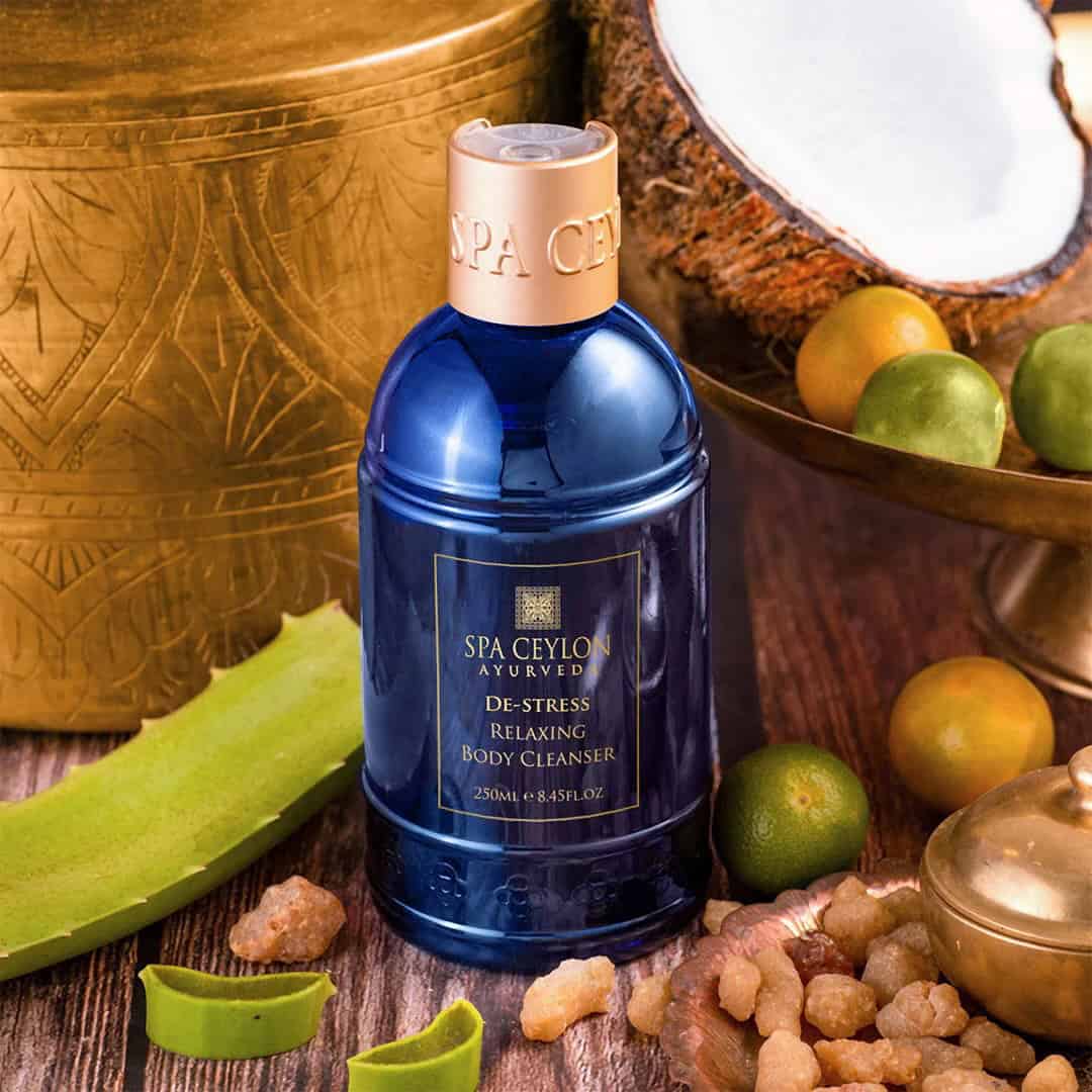 Golden metal container, Spa Ceylon Ayurveda, De-Stress Relaxing Body Cleanser 250ml.