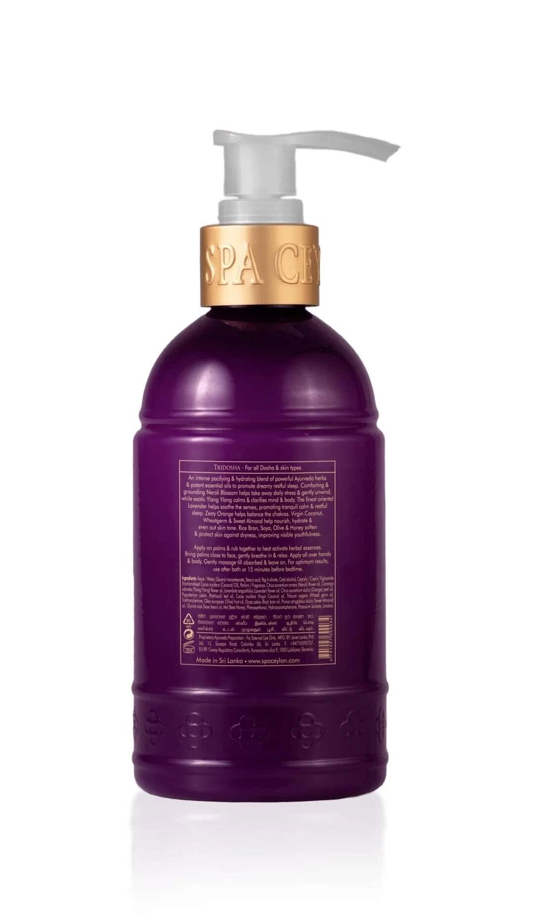 Luxury Spa Ceylon body lotion in a purple bottle with gold accents.