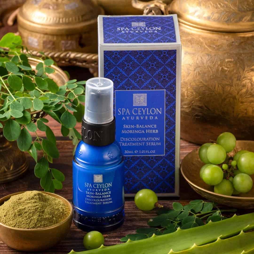 Rich blue Spa Ceylon Ayurveda serum with Moringa herb for skin tone improvement.