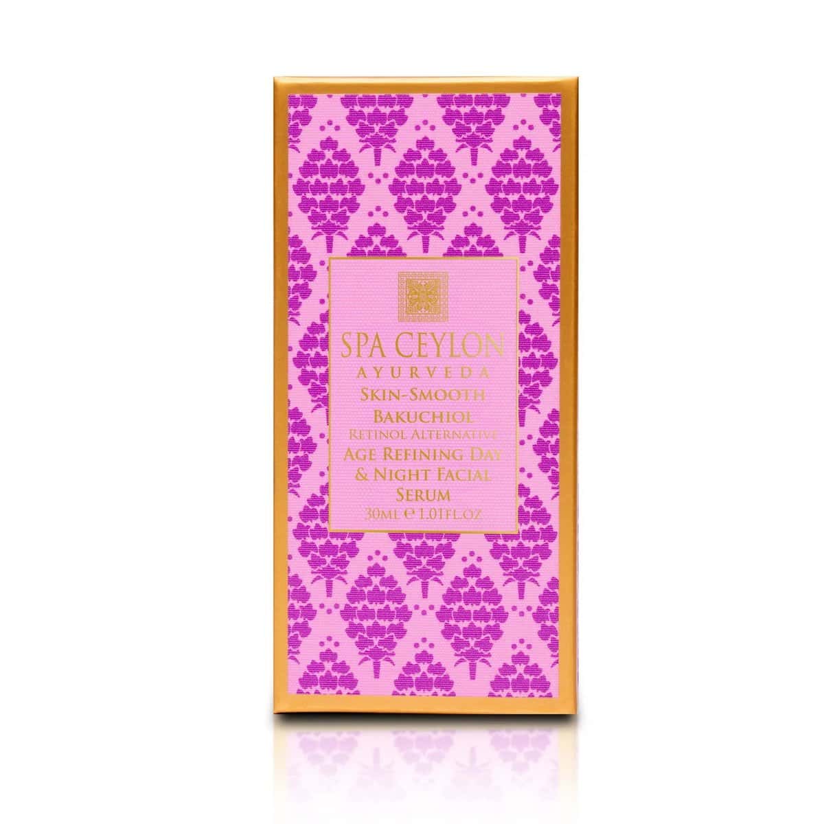 Vegan packaging for Spa Ceylon skin-smooth Bakuchiol age refining day & night facial serum box.