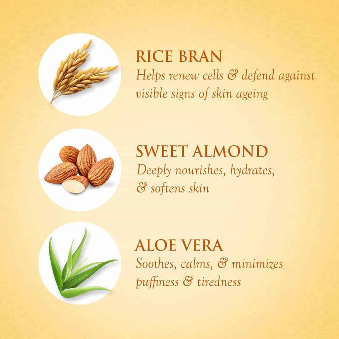 Rice bran for skin aging benefits, soothing sweet almond, and calming aloe vera.