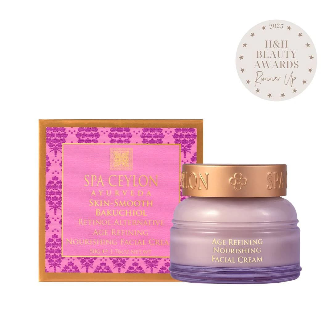 Luxurious Spa Ceylon Age Refining Nourishing Facial Cream in elegant purple jar with gold lid.