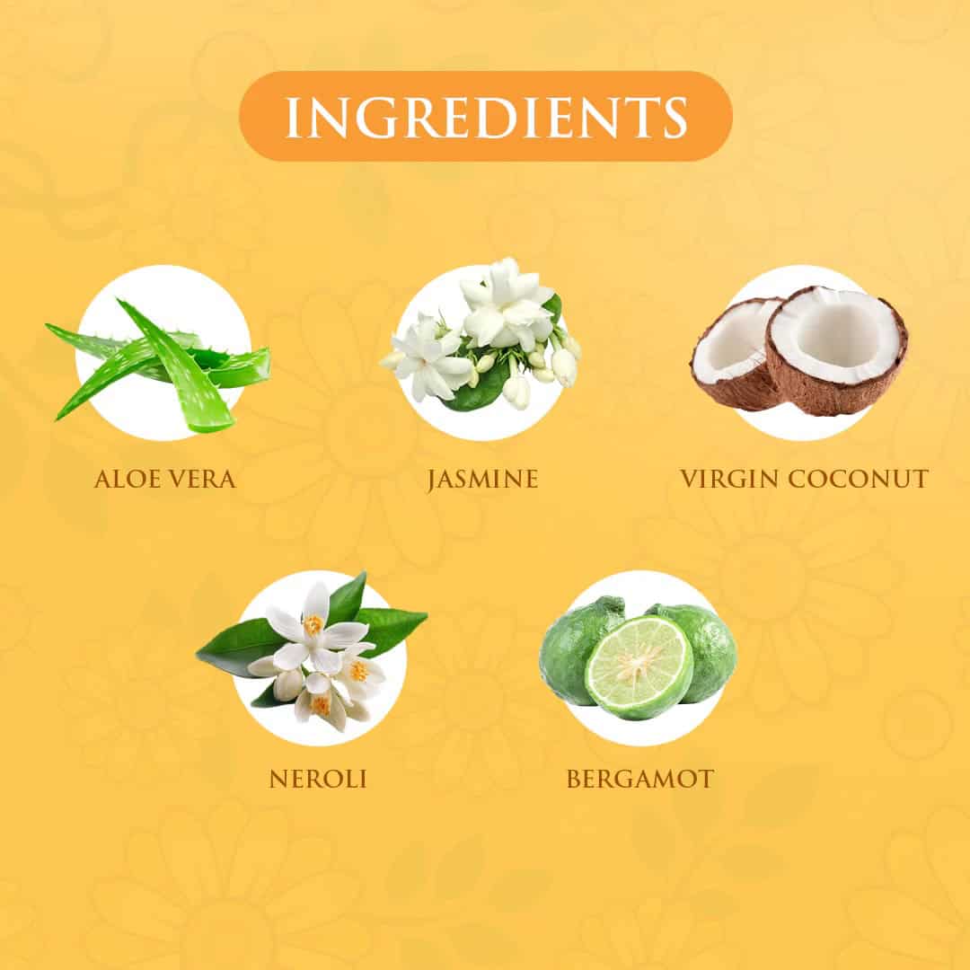 Aloe Vera, jasmine, virgin coconut, neroli, and bergamot ingredients for Spa Ceylon products.