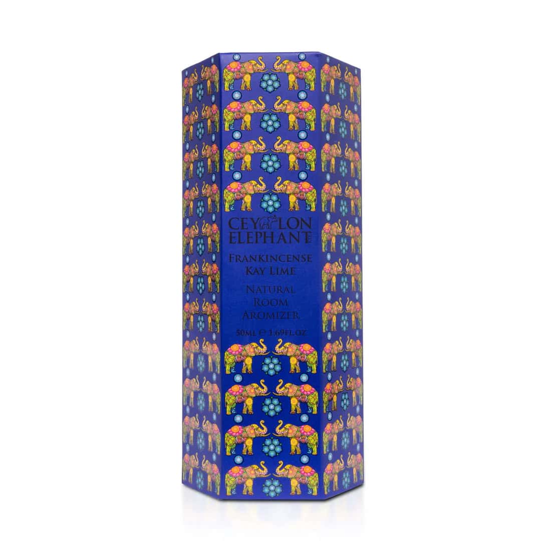 Intricate blue packaging for Spa Ceylon Elephante aromatherapy product with colorful elephant motifs.