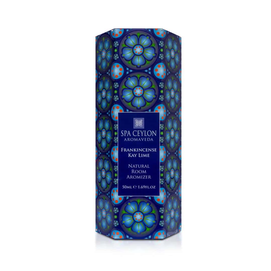 Vibrant blue floral pattern packaging for Spa Ceylon aromatherapy room spray.